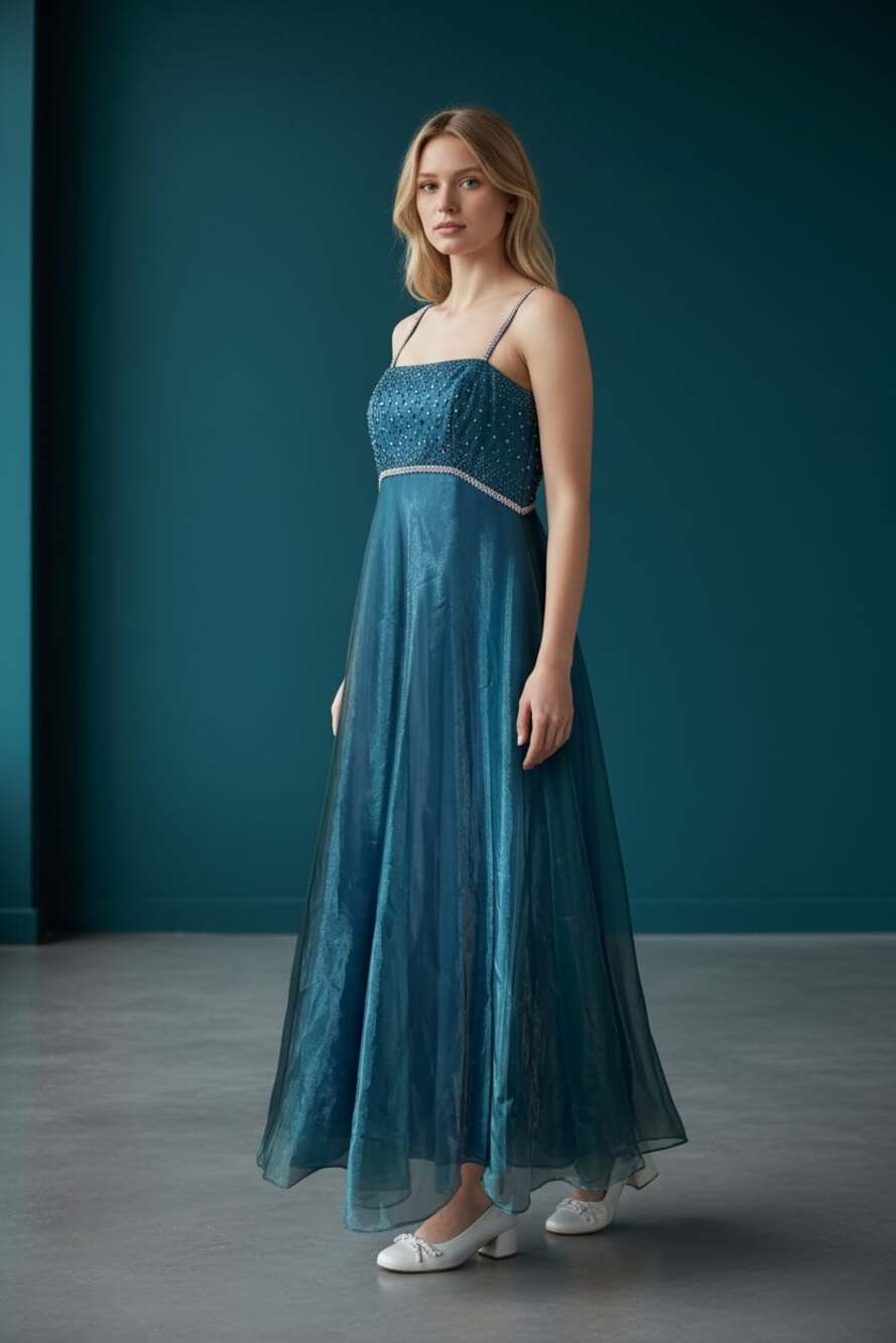 Size S 0-1 Faviana New York Teal Iridescent Beaded Chiffon Evening Gown